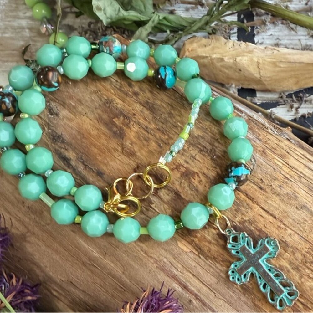 Turquoise and blue crystals vintage cross pendant statement necklace